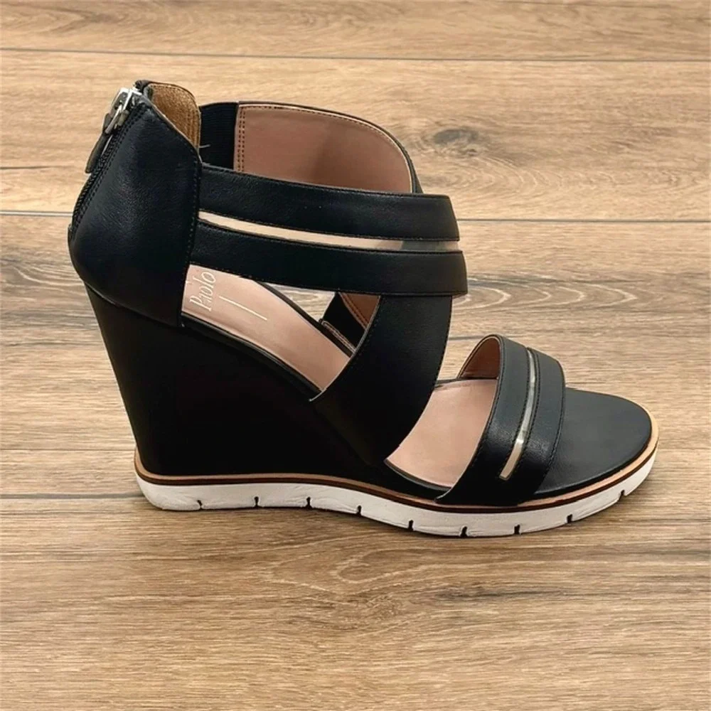 Linea Paolo Women's Size 10 Black Leather Wedge Sandals Strappy‎ Zip Comfort
